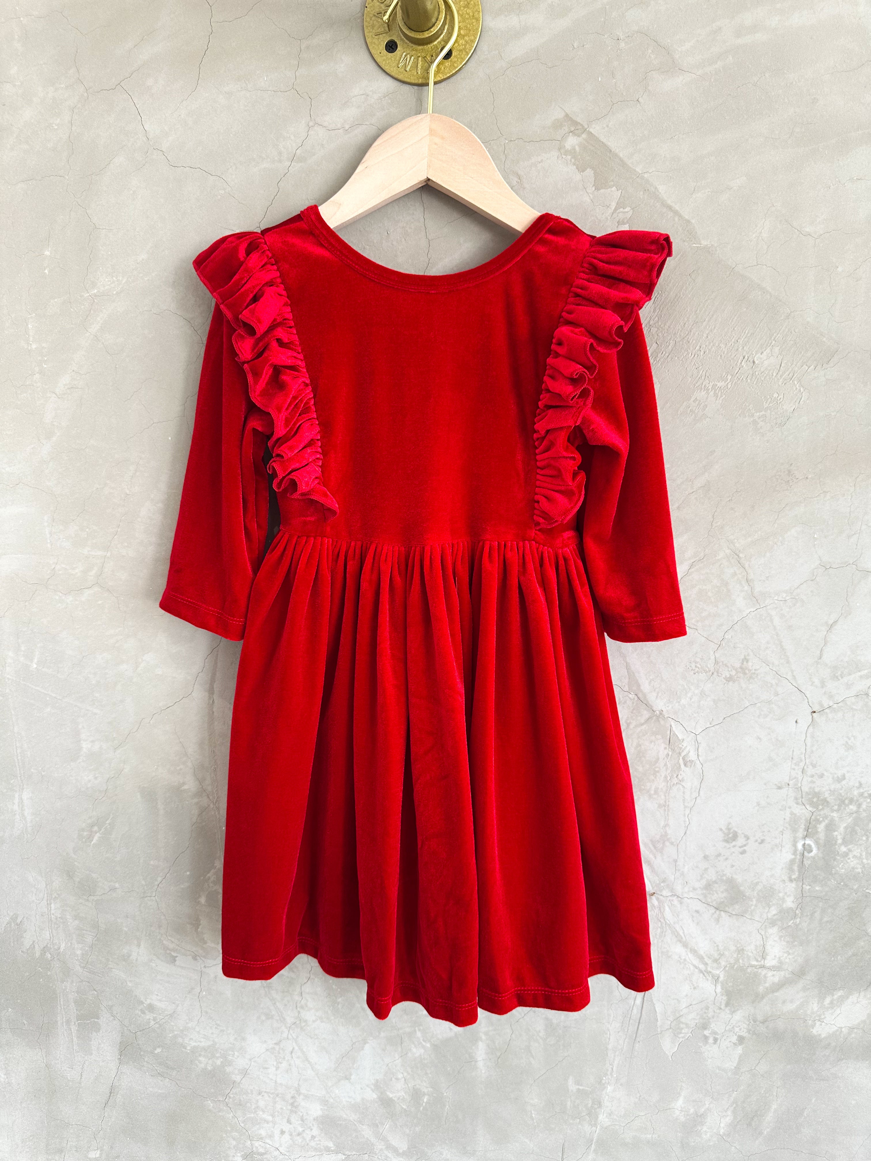 RED VELVET RUFFLE DRESS