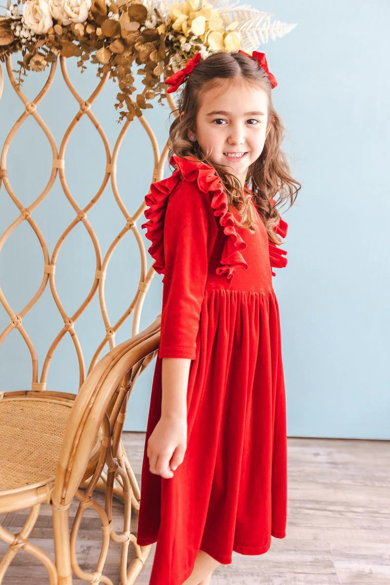 RED VELVET RUFFLE DRESS