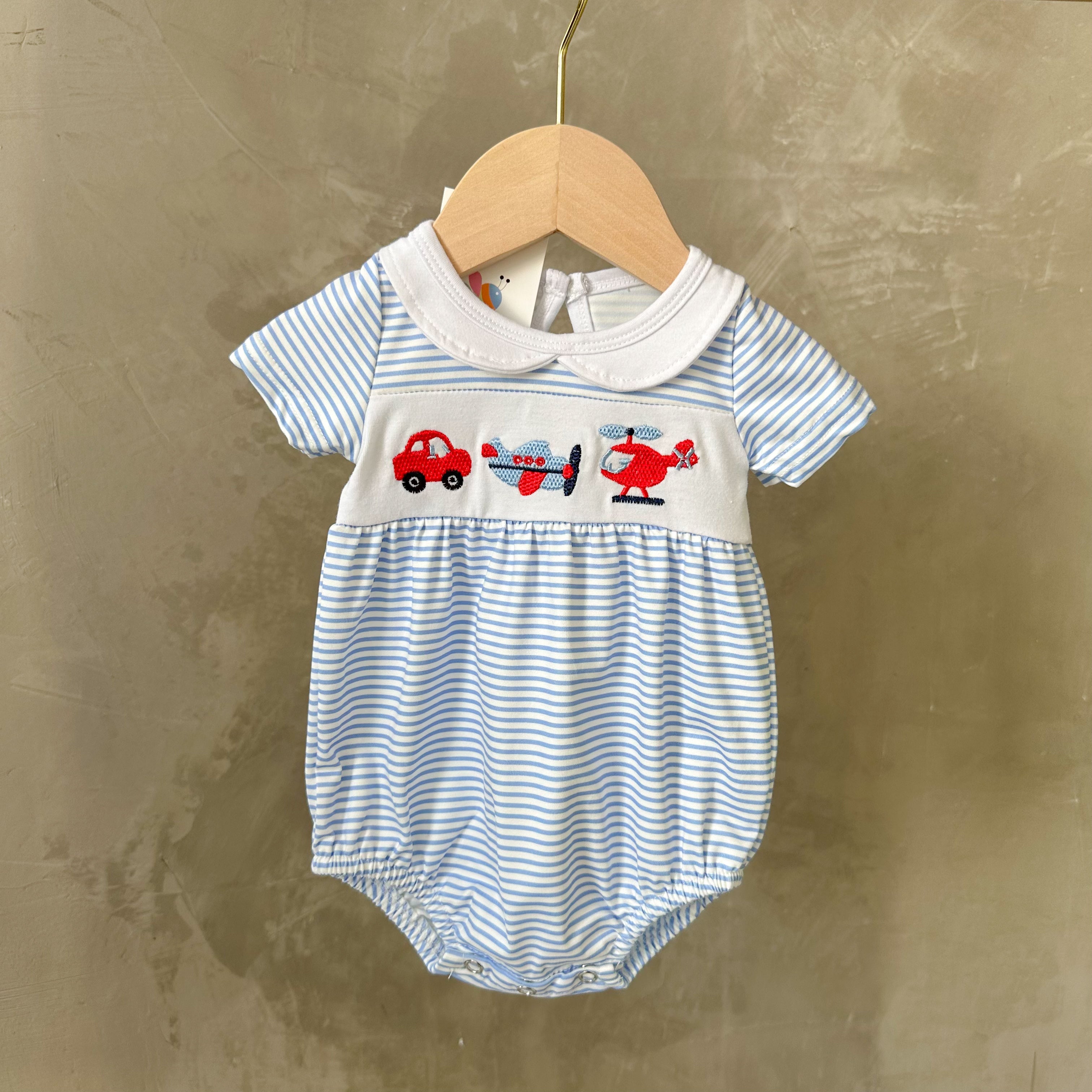 TRANSPORTATION EMBROIDERY ROMPER