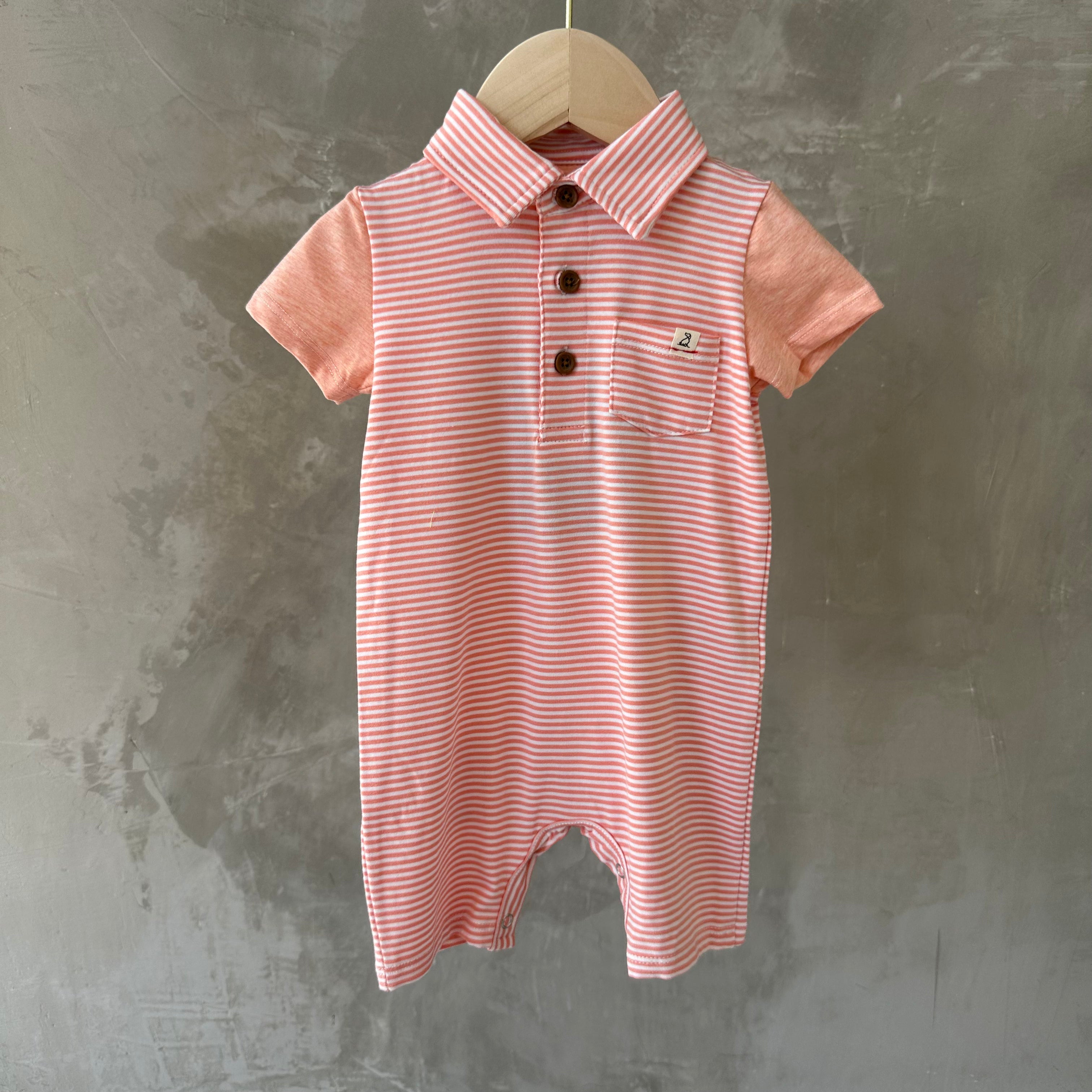 PEACH/WHITE MICRO STRIPE POLO ROMPER